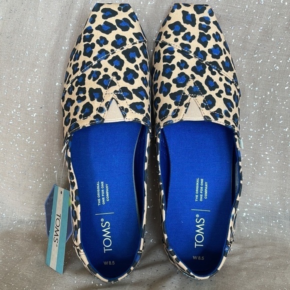 Brand New Toms Alpargata Beige Painted Blue Leopard Print Slip On Shoes Animal - Picture 3 of 15